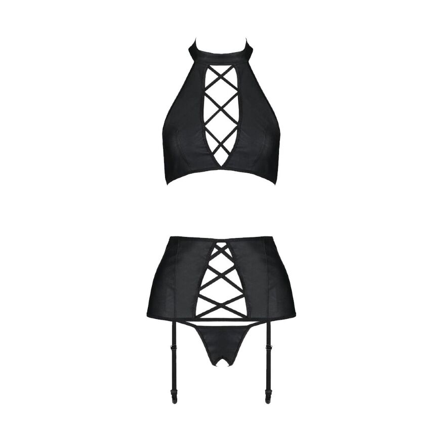 Комплект с имитацией шнуровки Nancy Set black 4XL/5XL - Passion топ, трусики и пояс для чулок