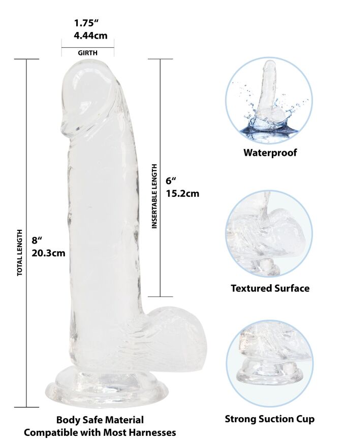 Прозрачный фаллоимитатор на присоске ADDICTION  -  Clear Dildo with Balls 8″, вибропуля в подарок