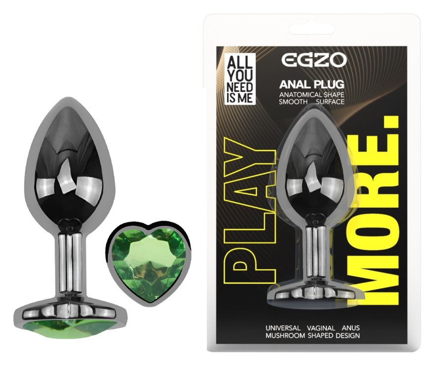 Анальная пробка с кристаллом EGZO - Dark Silver Heart Plug Green size S
