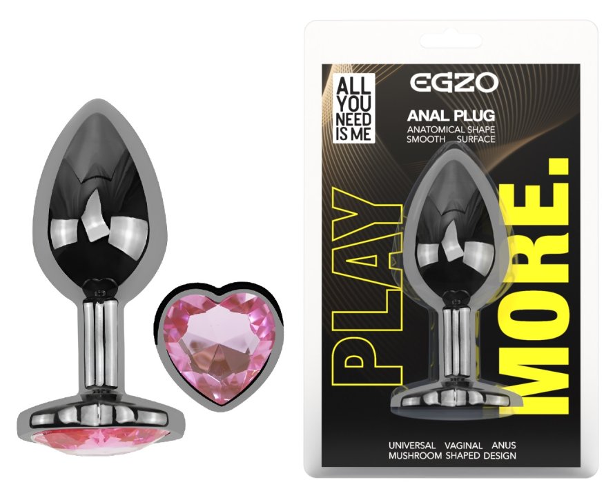 Анальна пробка з кристалом EGZO - Dark Silver Heart Plug Pink size M