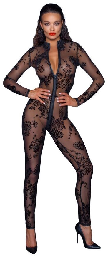Комбінезон сексуальний напівпрозорий L F237 Noir Handmade, з візерунком та блискавкою