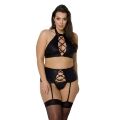 Комплект с имитацией шнуровки Nancy Set black 6XL/7XL - Passion топ, трусики и пояс для чулок