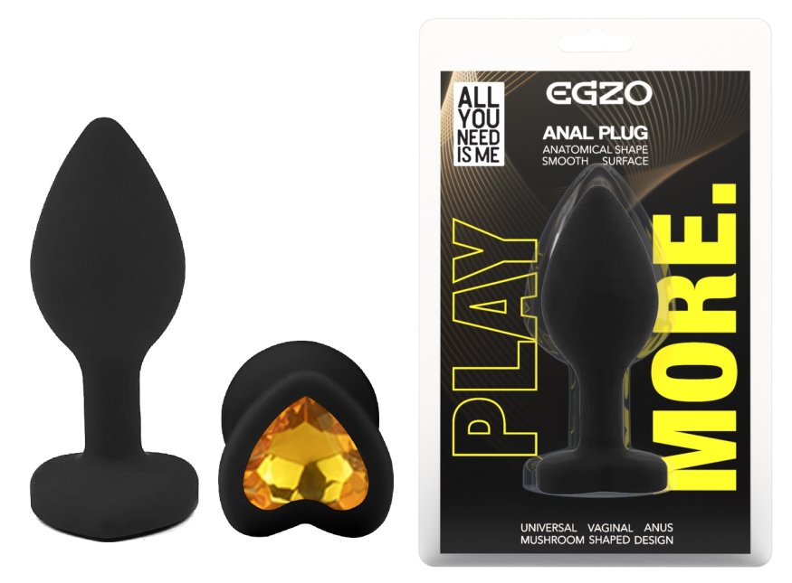 Силіконова анальна пробка EGZO - Silicone Black Heart Plug Yellow, size S