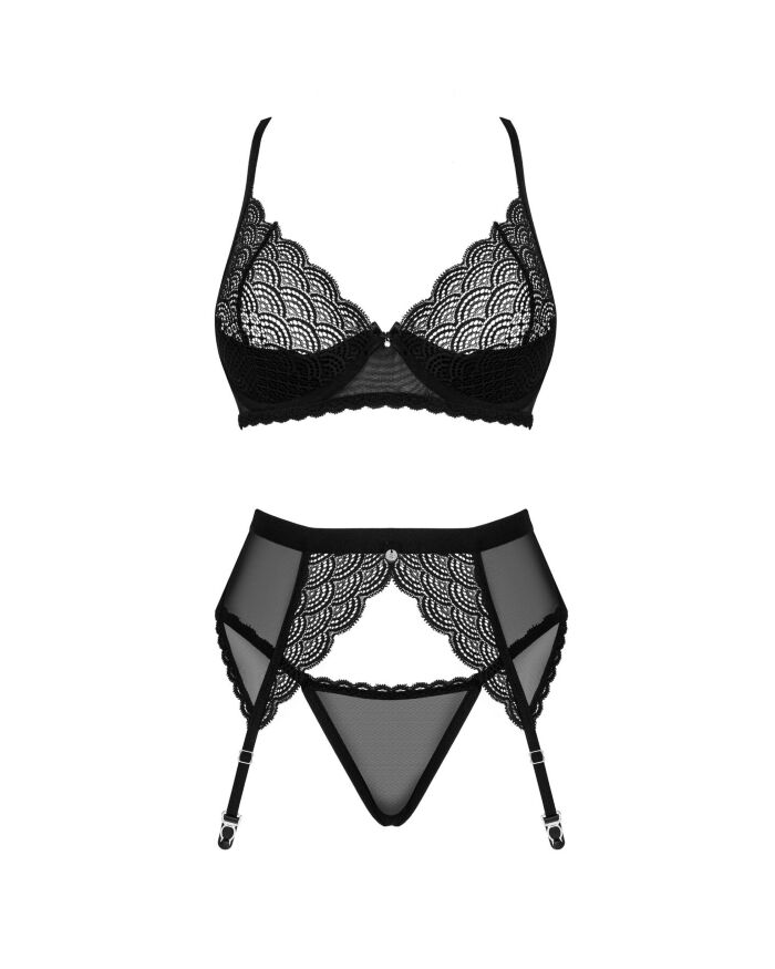 Комплект Obsessive Chemeris 3-pcs set M/L, стрінги, пояс для панчіх, бюстгальтер