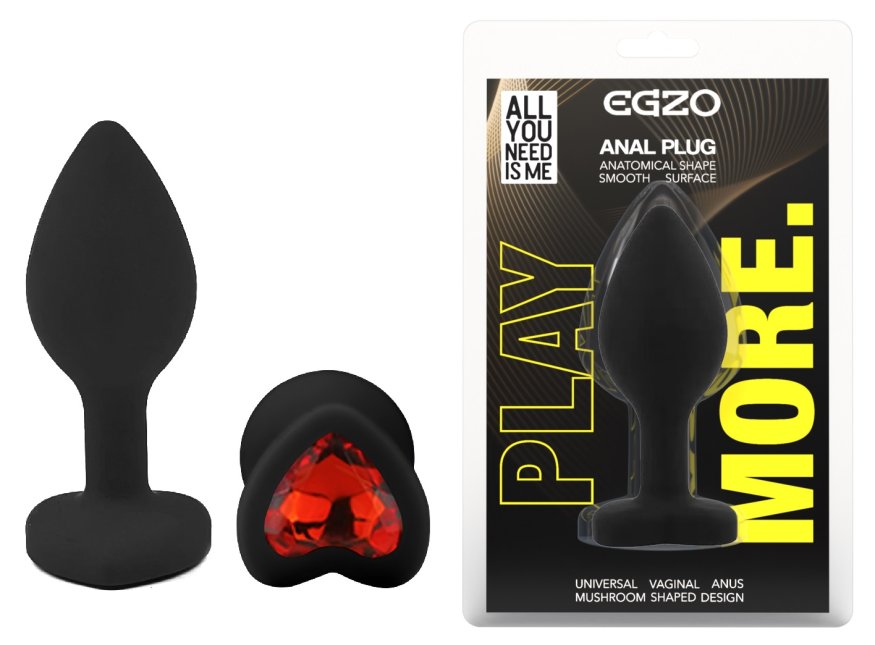 Силиконовая анальная пробка EGZO - Silicone Black Heart Plug Red, size S