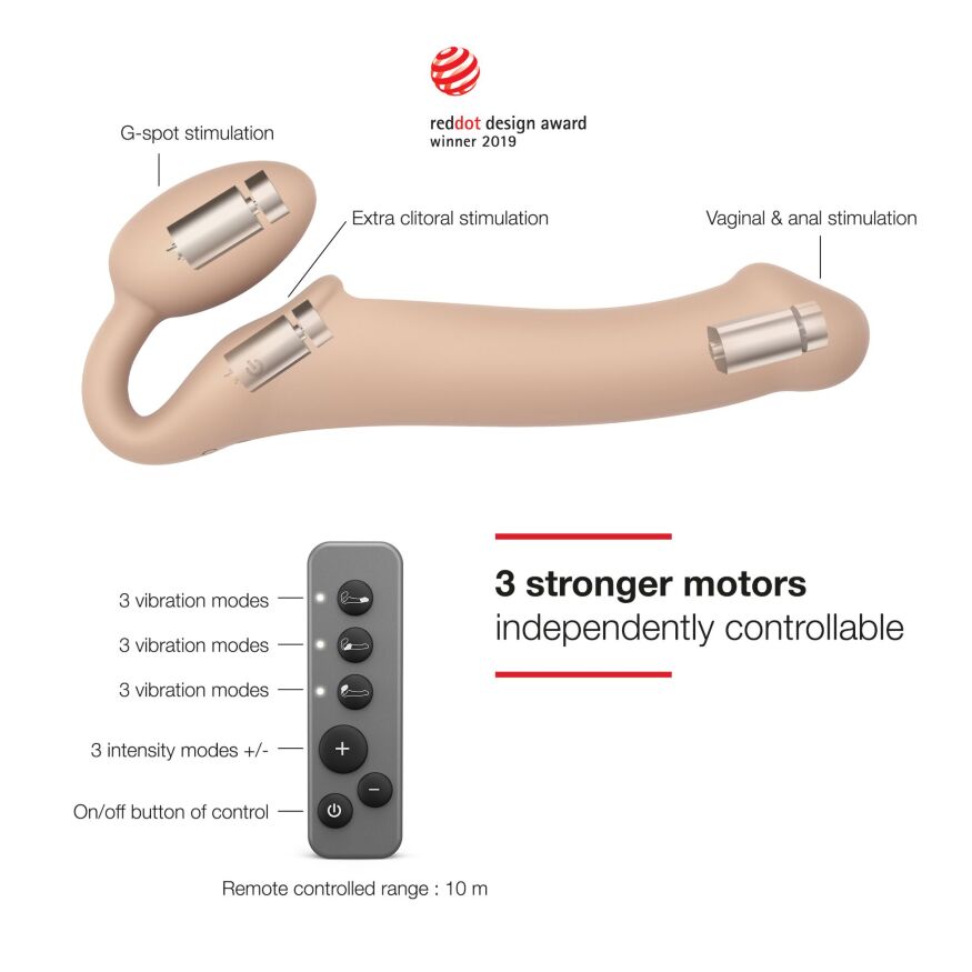 Безремневой страпон с вибрацией Strap-On-Me Vibrating Flesh M, диаметр 3,8 см, пульт ДУ, регулируемый