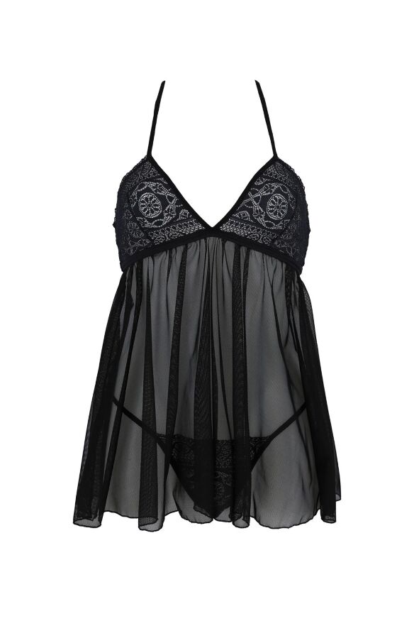 Пеньюар Passion KERRIA CHEMISE black, S/M, кружевной верх, трусики в комплекте