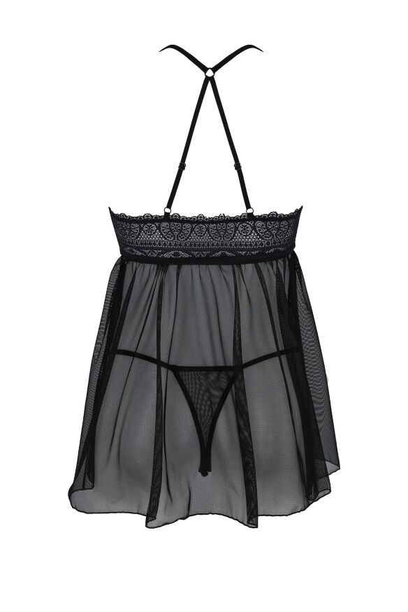 Пеньюар Passion KERRIA CHEMISE black, S/M, кружевной верх, трусики в комплекте