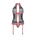 Passion Satara Corset - эротический корсет с кружевом и окантовкой, S/M (чёрный с красным)