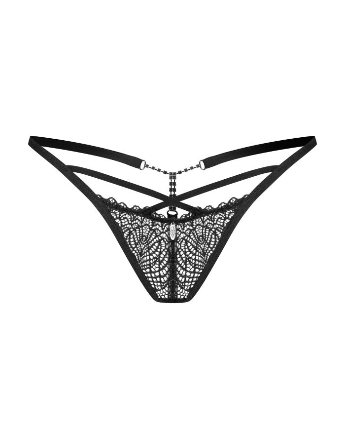 Кружевные черные стринги Obsessive Iliosa с декоративными стразами, S/M