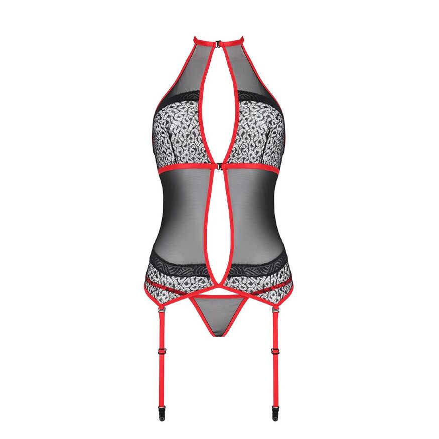 Passion Satara Corset - эротический корсет с кружевом и окантовкой, XXL/XXXL (чёрный с красным)