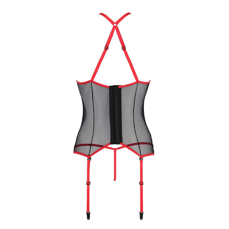 Passion Satara Corset - эротический корсет с кружевом и окантовкой, XXL/XXXL (чёрный с красным)