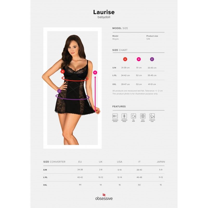 Чувственный черный кружевной бэби-долл Obsessive Laurise S/M
