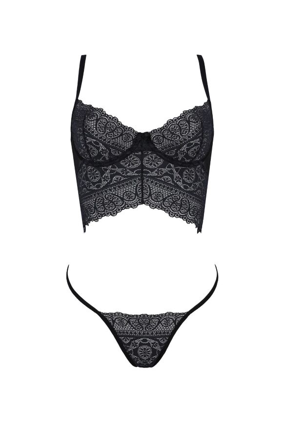 Комплект Passion KERRIA SET black, L/XL, сетка+кружево, бюстье и стринги