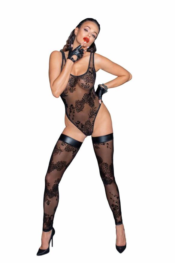 Боди Noir Handmade F242 Tulle body with patterned flock embroidery - M