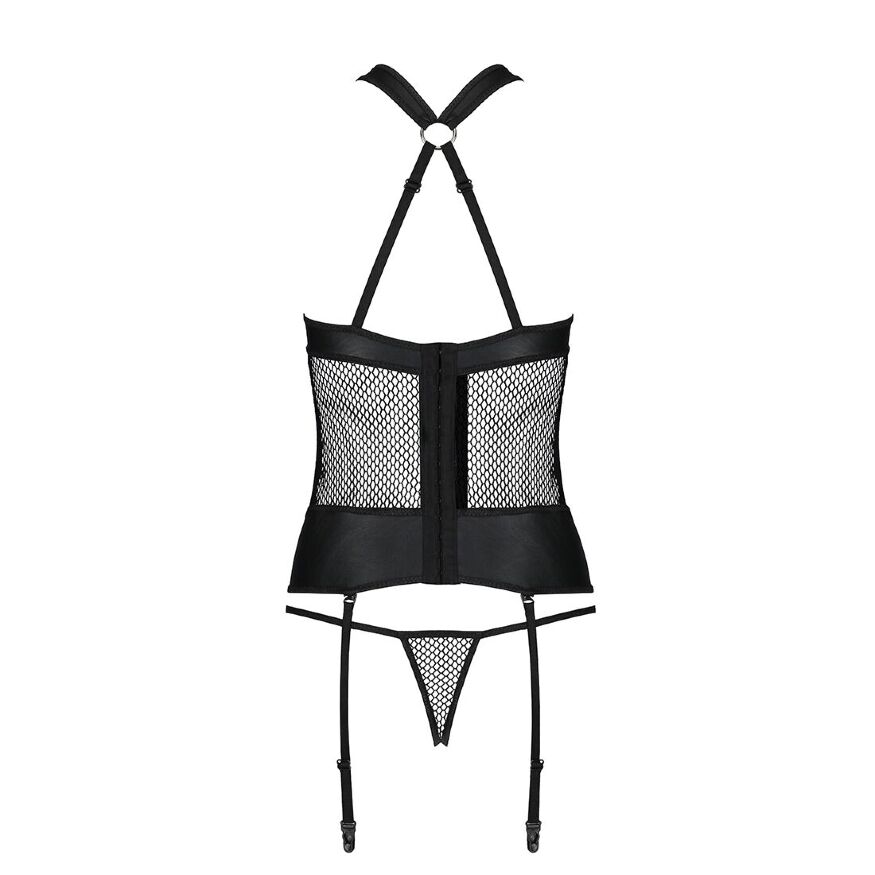 Сетчатый комплект корсет с халтером, съемные подвязки и трусики Amanda Corset black S/M - Passion