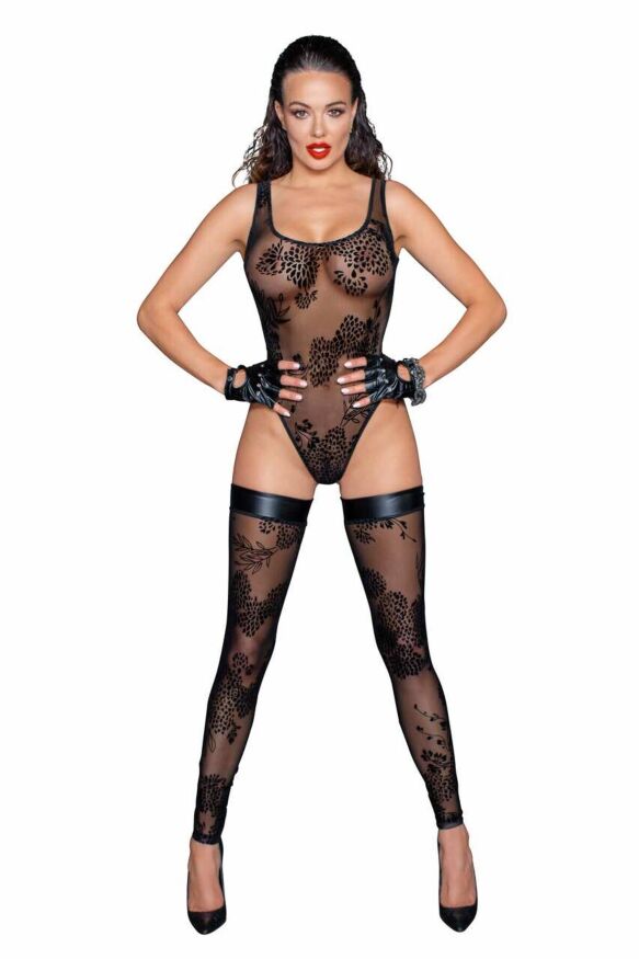 Боді Noir Handmade F242 Tulle body with patterned flock embroidery, L