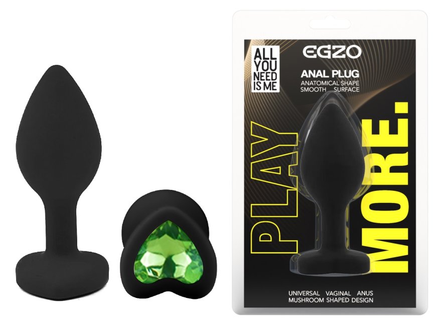 Силіконова анальна пробка EGZO - Silicone Black Heart Plug Green, size S