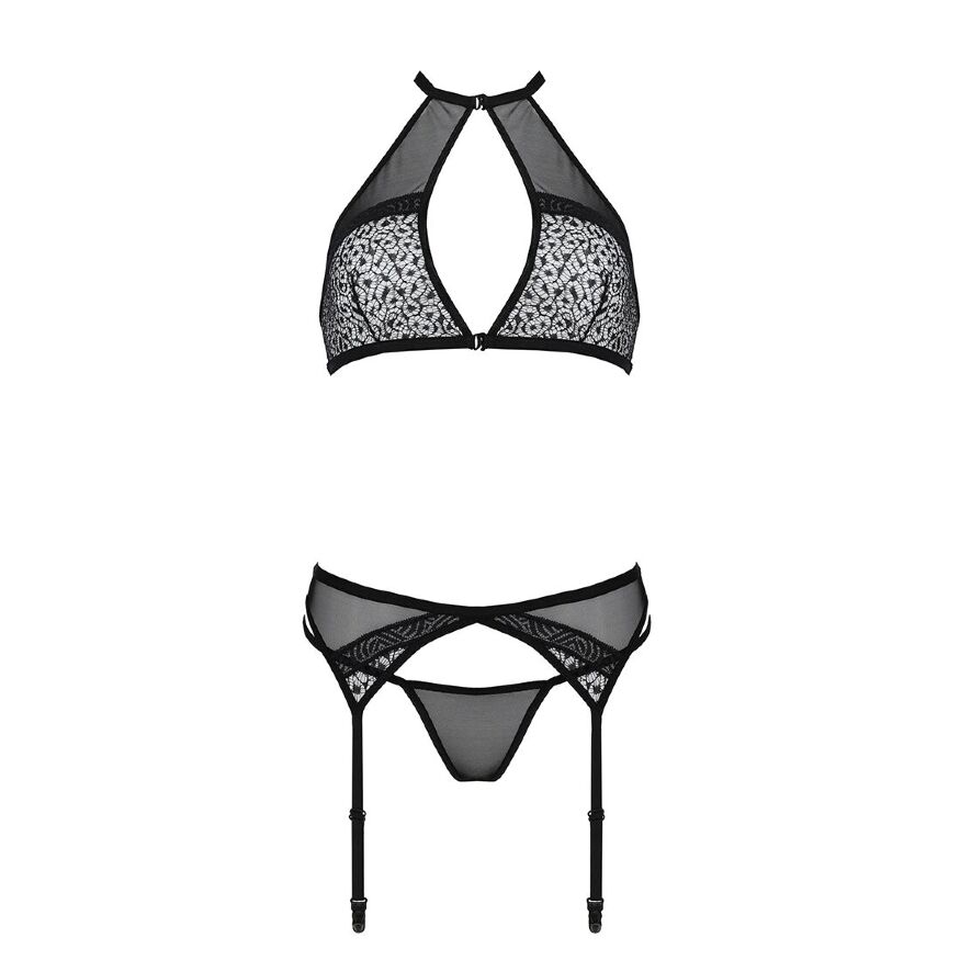 Комплект белья Passion SATARA SET XXL/XXXL black, топ, пояс для чулок, стринги