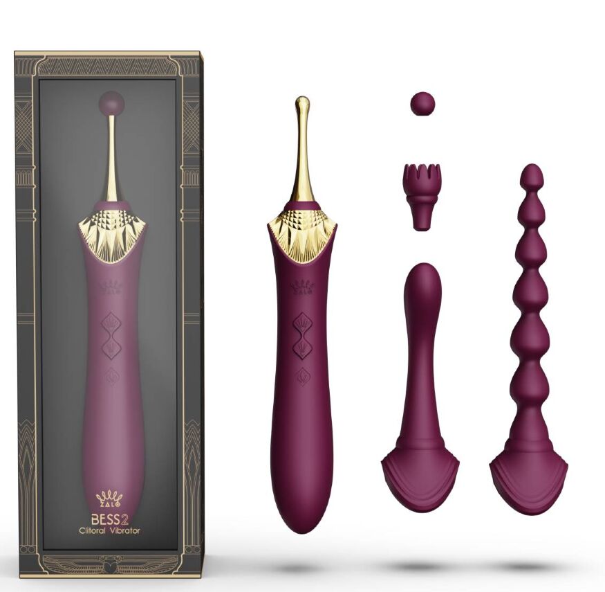 Вибратор двухсторонний универсальный ZALO BESS 2 Velvet Purple с 4 насадками и нагревом, фиолетовый