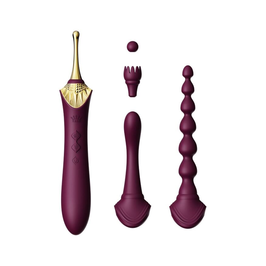 Вибратор двухсторонний универсальный ZALO BESS 2 Velvet Purple с 4 насадками и нагревом, фиолетовый