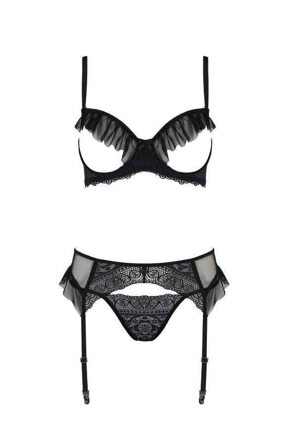 Комплект Passion KERRIA SET WITH OPEN BRA black, L/XL, бюстгальтер з відкритою чашкою, стрінги, пояс для панчіх