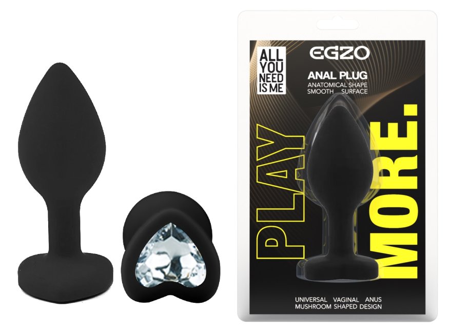 Силиконовая анальная пробка EGZO - Silicone Black Heart Plug Clear, size S
