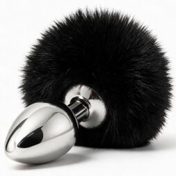 Анальная пробка металлическая DS Fetish с черным кроличьим хвостом