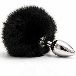 Анальная пробка металлическая DS Fetish с черным кроличьим хвостом