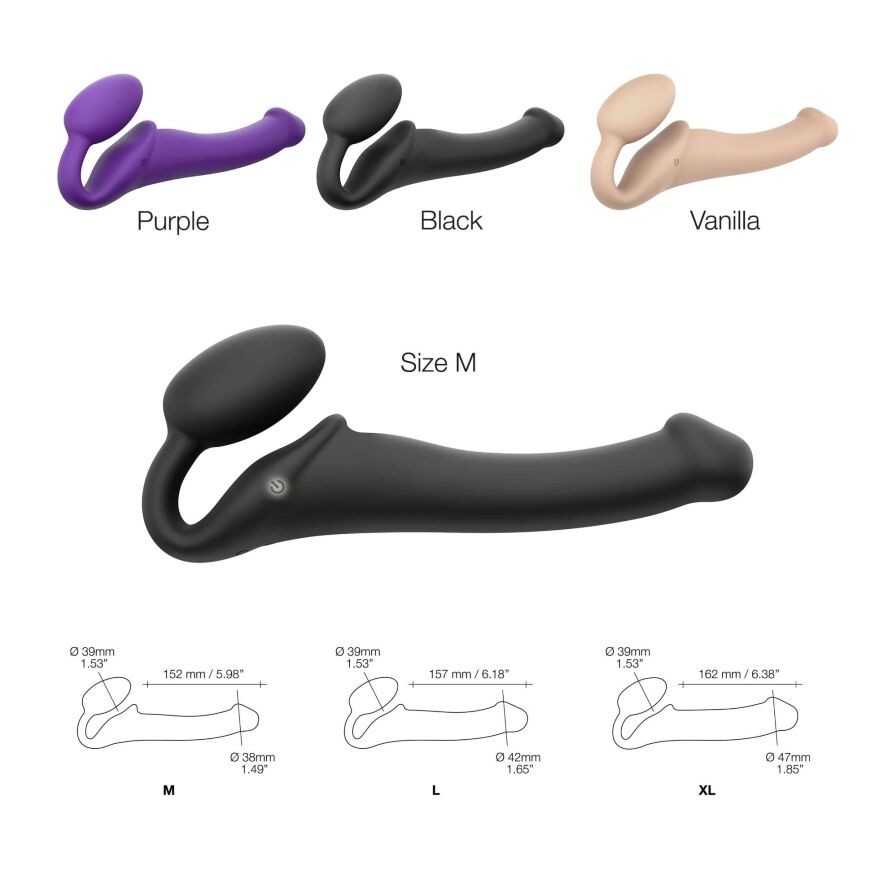 Безремневой страпон с вибрацией Strap-On-Me Vibrating Black M, диаметр 3,8 см, пульт ДУ, регулируемый