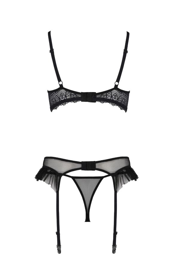 Комплект Passion KERRIA SET WITH OPEN BRA black, S/M, бюстгальтер с открытой чашкой, стринги, пояс для чулок