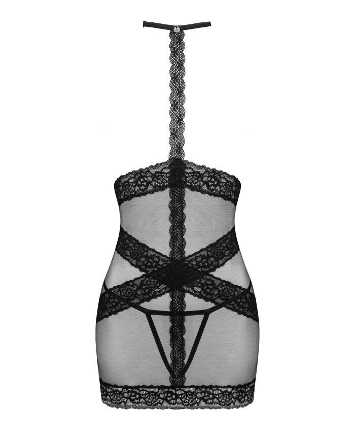 Полупрозрачная сорочка с открытой грудью Obsessive Lacrisia chemise XS/S, черная, с чокером