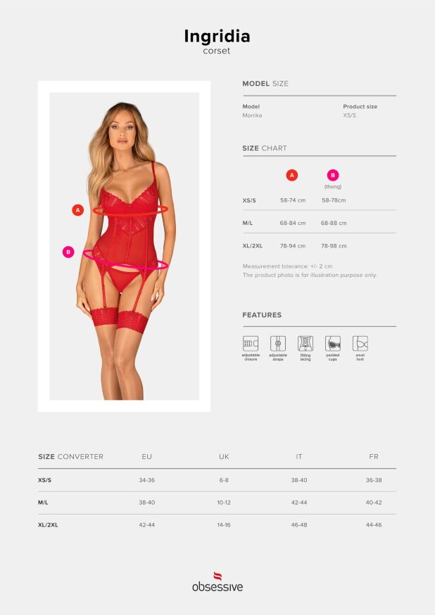 Комплект корсет и стринги Obsessive Ingridia corset &amp; thong XS/S, красный