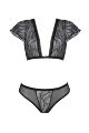 Комплект Passion LEAFA BIKINI black S/M, бюстгальтер-топ з рукавчиками, стрінги-шортики з вирізом