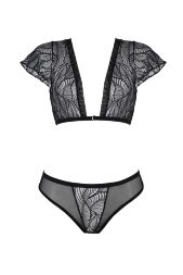 Комплект Passion LEAFA BIKINI black S/M, бюстгальтер-топ з рукавчиками, стрінги-шортики з вирізом