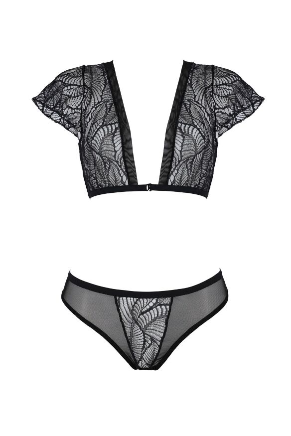 Комплект Passion LEAFA BIKINI black S/M, бюстгальтер-топ з рукавчиками, стрінги-шортики з вирізом