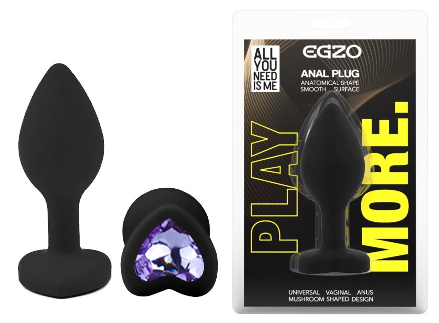 Силиконовая анальная пробка EGZO - Silicone Black Heart Plug Amethyst, size S