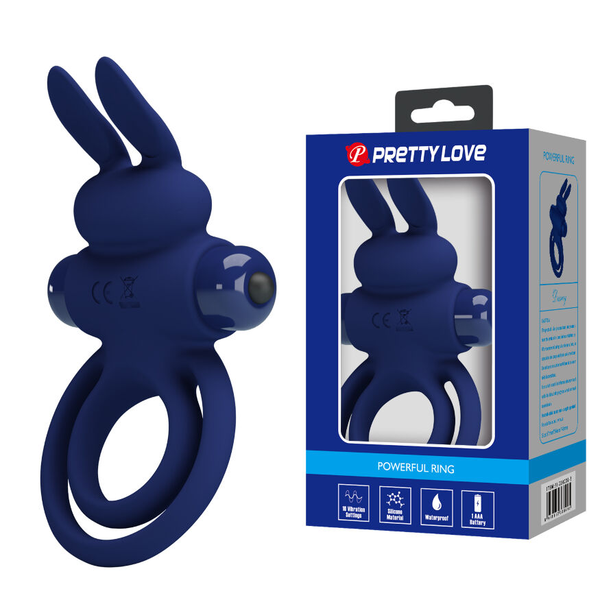 Виброкольцо двойное PRETTY LOVE Vibro Bunny III со стимуляцией для клитора, синее, 9.7 х 6.5 см