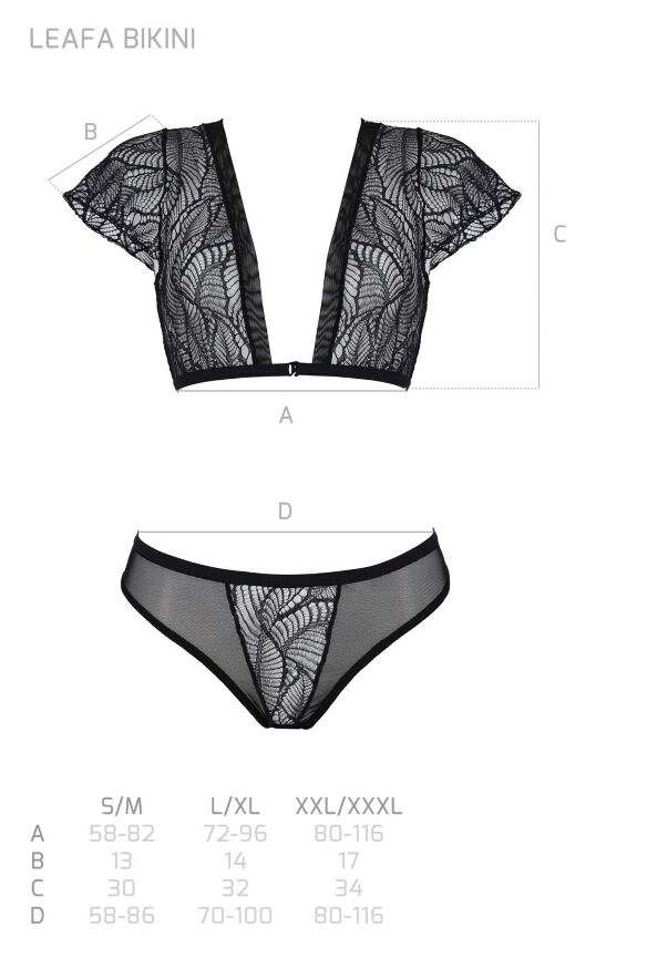 Комплект Passion LEAFA BIKINI black, XXL/XXXL, бюстгальтер-топ з рукавчиками, стрінги-шортики з вирізом
