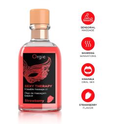 Набор для массажа Orgie – Sexy Therapy Strawberry (100 мл), съедобное разогревающее масло + перышко