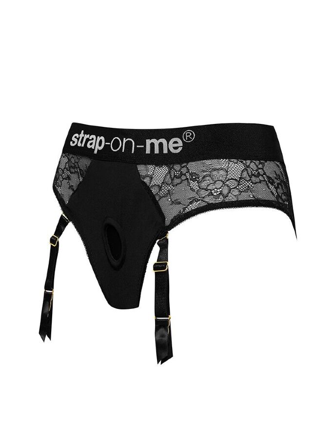Кружевные трусы для страпона с подвязками Strap-On-Me DIVA HARNESS - M (сильно мятая упаковка)