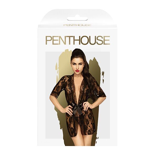 Комплект пеньюар с декором в виде роз и стрингами Penthouse - Sweet Retreat Black XL (мятая упаковка!!!)