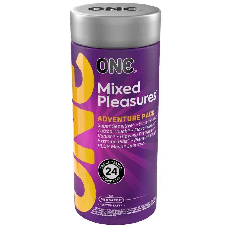 Презервативи в тубусі ONE Mixed Pleasures, 24 шт, 8 видів, лубрикант у комплекті