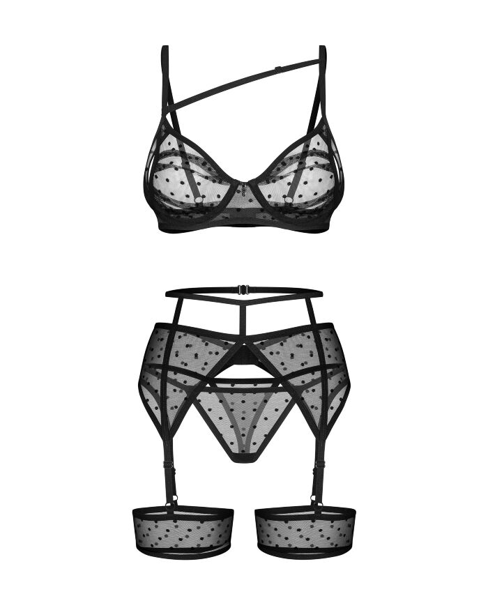 Комплект белья с поясом и гартерами Obsessive Nuites черный в горошек, S/M