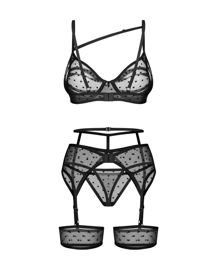 Комплект белья с поясом и гартерами Obsessive Nuites черный в горошек, S/M