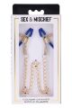 Золотистые зажимы для сосков Sex &amp; Mischief Cougar Chained с синими наконечниками