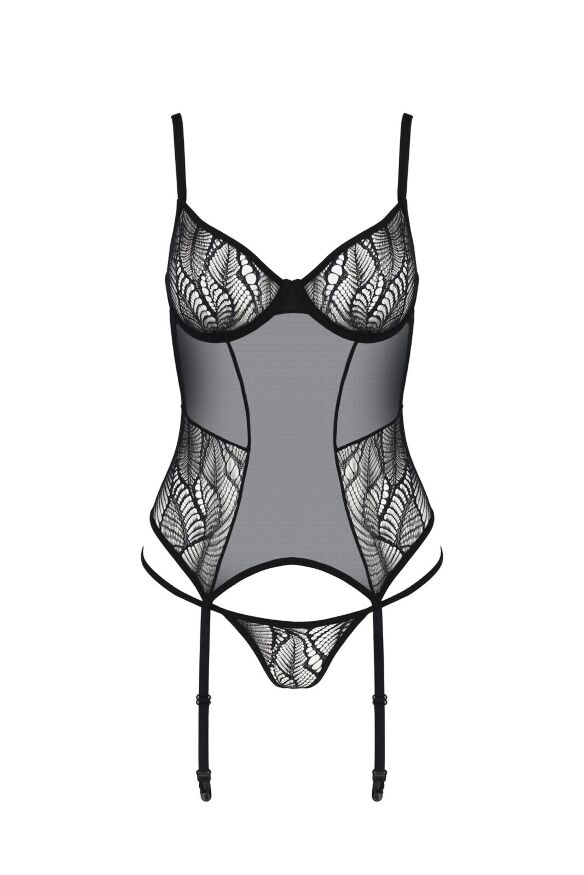 Корсет Passion LEAFA CORSET black L/XL, м'які чашки, затискачі для панчіх, стрінги в комплекті