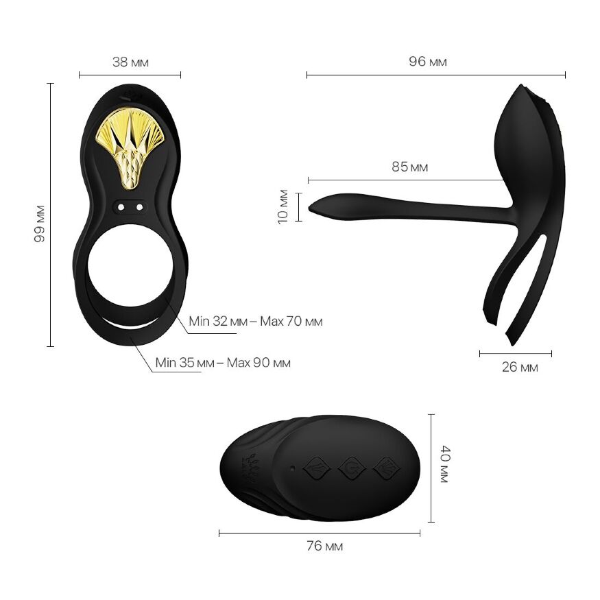Смарт-эрекционное кольцо Zalo — BAYEK Obsidian Black, двойное с вводимой частью, пульт ДУ