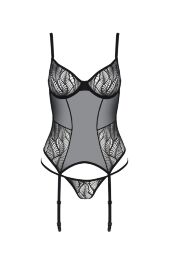 Корсет Passion LEAFA CORSET black S/M, м'які чашки, затискачі для панчіх, стрінги в комплекті