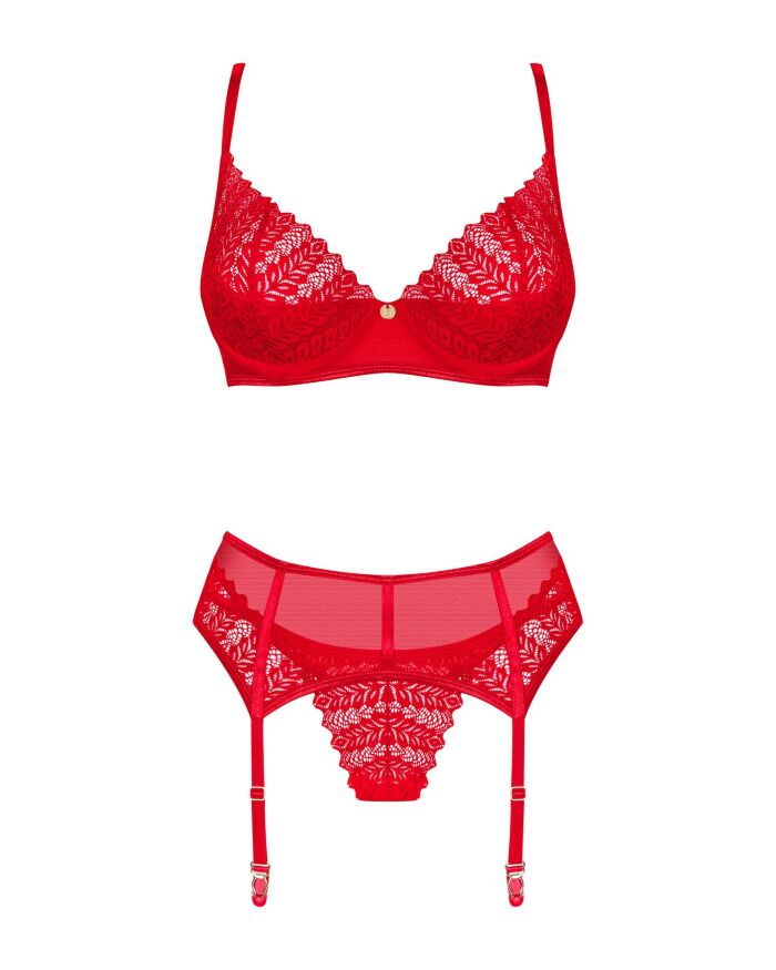 Комплект Obsessive Ingridia 3-pcs set XL/2XL, червоний, бюстгальтер, стрінги, пояс
